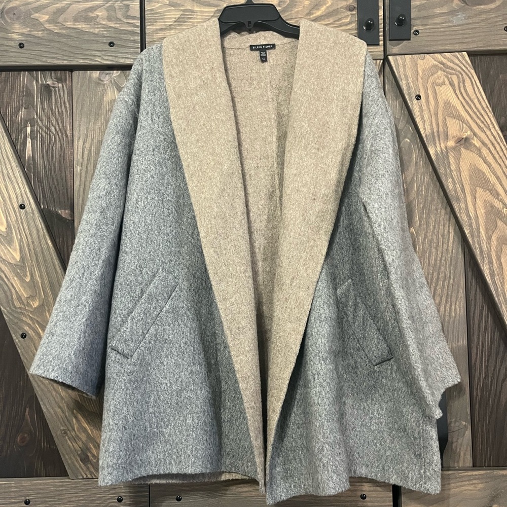 Eileen Fisher Gray and Tan Open Front Jacket Cardigan